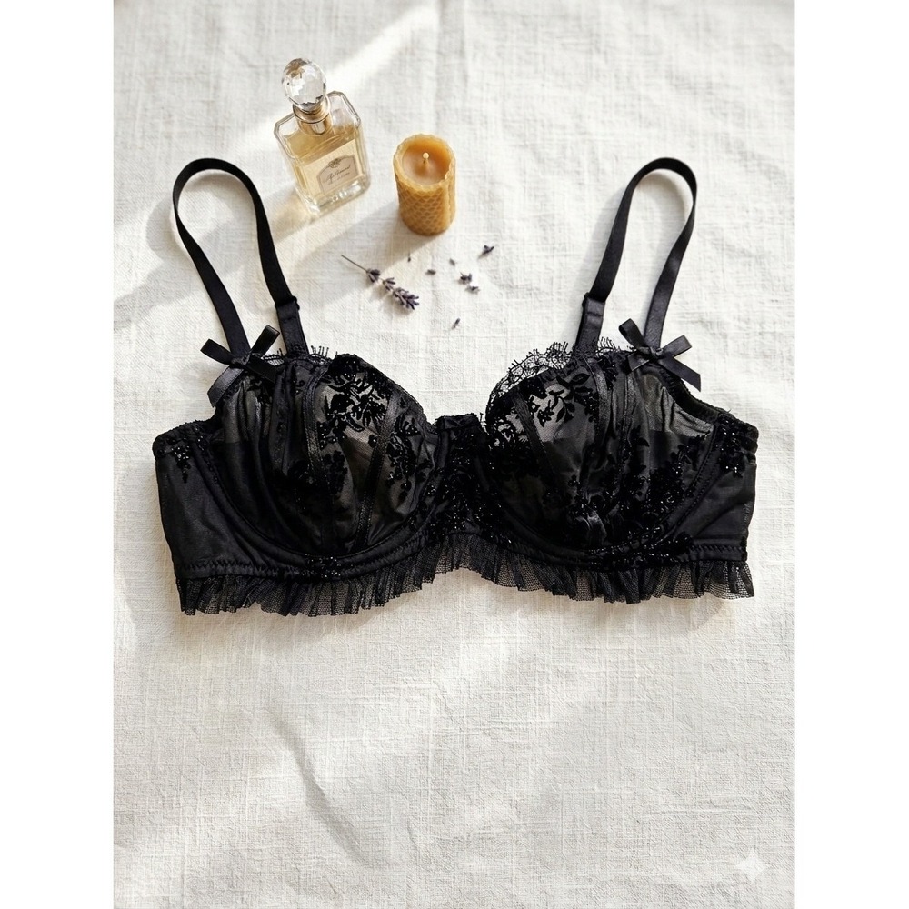 Felina Archive Coquette Velvet Floral Sheer‎ Balconette Bra Women 36B